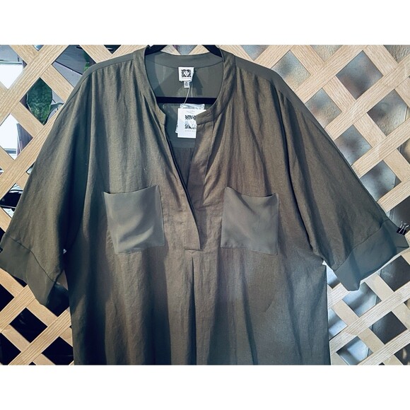 NWT ANNE KLEIN Linen Blend Mixed Media Olive Green High-Low Tunic 2X - Picture 3 of 12